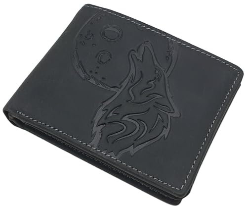 myledershop Echt Büffel-Vollleder Geldbörse/Geldbeutel/Portemonnaie/Geldtasche in Hoch- oder Querformat mit Wolf-Motiv und RFID & NFC Schutz (Modell 2 / Querformat/Schwarz)