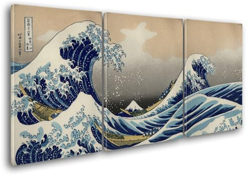 Giallobus - Große Gemälde im XXL-Format - Hokusai - Abstrakte Kunst - Die große Welle vor Kanagawa - Leinwand - 308x140cm | 3pcs. x 100x140cm - Moderne Gemälde für zu Hause