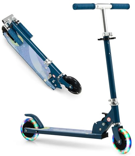KOMFOTTEU Kinder Scooter mit LED Rädern, zusammenklappbares Roller Aluminium, Kinderroller mit 3 verstellbaren Höhen, Cityroller Tretroller bis 50kg belastbar (Ohne Ständer & Gurt, Blau)