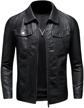 ZFBAOJT Giacca da motociclista nera da uomo, in ecopelle, stile vintage, casual, leggera, nero, Medium