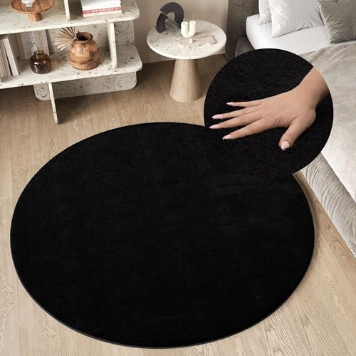 TAPISO Cuddle Teppich Rund Hochflor Schwarz Langflor Shaggy Einfarbig rutschfest Weich Waschbar Wohnzimmer Schlafzimmer Kinderzimmer ÖKOTEX 160 x 160 cm