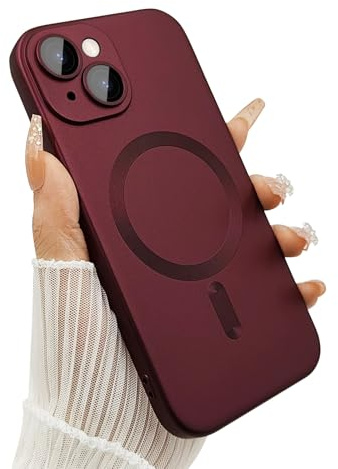 ankofave Magnetic Case for iPhone 14 Plus Phone Case for Women, Shockproof Matte Luxury Soft Metallic Luster Design with Camera Lens Protector, Compatible with Magsafe for iPhone 14 Plus 6.7-Wine Red