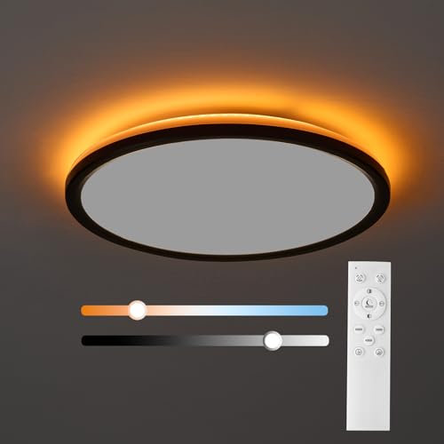 MOSSCO LED Deckenleuchte dimmbar mit Fernbedienung & 5W Nachtlicht (sanft warm) - 3000K-6500K Farbtemperatur - Perfekt für Schlafzimmer & Kinderzimmer - 24W (2400LM), 29cm, Schwarz