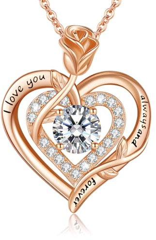 LAVUMO Moissanite Halskette Damen Silber 925,Moissanite Kette Damen Gold/Rosegold/Silber Doppel Herz Rose Anhänger Weihnachten Valentinstag Geburtstag Schmuck Geschenke für Frauen Freundin Mama