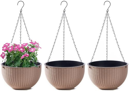 WOWEI Lot de 3 Pots de Fleurs Suspendus avec Nchaînes en Acier Inoxydable Pot Suspendu Plante avec Réservoir d'eau et Trou de Drainage Intérieur Exterieur Balcon et Jardiniere Suspendue (Kaki, S)
