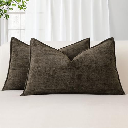 Sungeek 2er Set Chenille Kissenbezüge, Weich Dekorativ Zierkissenbezüge Umwickelte Kante Kissenbezug Dekokissen Deko Bezug Einfarbig Kissenhülle für Sofa Schlafzimmer Wohnzimmer (30x50cm, Braun)