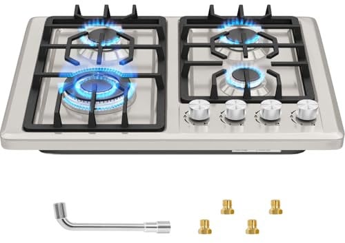 Gaskochfeld 4 Flammig,Gas Einbau Autark Gaskochfeld mit Automatischer Thermoelementschutz,59cm Gaskochfeld Edelstahl,4Zonen Erdgas(20mbr)/Propangas(30/50 mbr) Up to 7800W