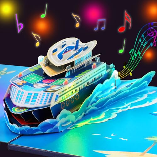 Geburtstagskarte 3D Pop Up Kreuzfahrtschiff mit Musik & Licht – Spielt „Happy Birthday“ – Für Männer, Papa, Opa, Ehemann, männlichen Freund – Mit Umschlag & Einlegekarte