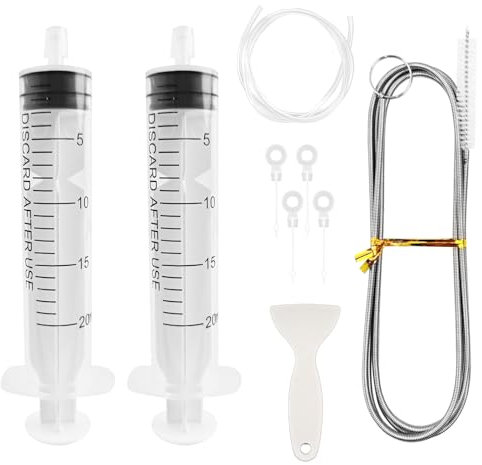 9 Stück Kühlschrank Reinigungsset, Kühlschrank Abfluss Reinigung, kühlschrankreinigerset mit Kühlschrank Bürste Schlauch Spritze Enteisungsschaufeln Kolben, für Entblocken Abflusslöchern Kühlschränke