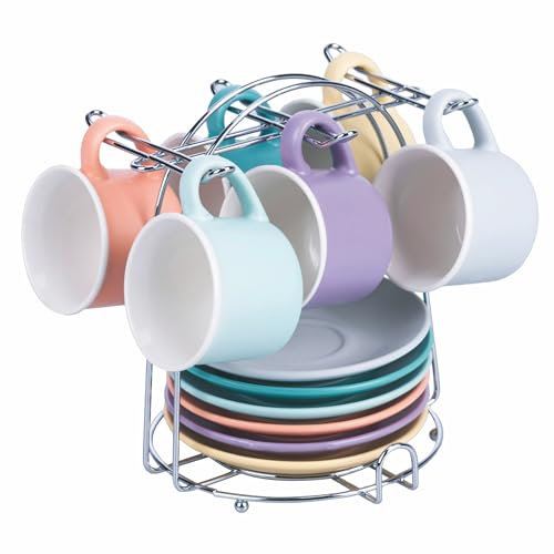 Villa d'Este Home Tivoli Juego de 6 tazas de café de 90 ml con platillo, porcelana New Bone China, soporte de hierro, Daily