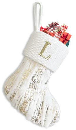 Personalisierte Weihnachtsstrumpf mit Buchstaben 9 inch Weihnachtssocken Bestickter Nikolausstrumpf Gestrickte Nikolausstiefel mit Goldgestreifte Plüsch Geschenksack für Süßigkeiten Zuhause - L