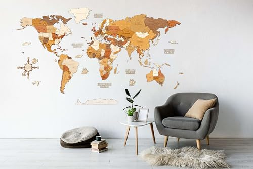 Mapamundi de madera para decorar la pared, realizado con varias capas de madera tintada con nombres grabados - efecto único 3D, para sala de estar, oficina, dormitorio (XXL 250x144cm Adventurer)