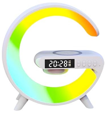 Mini G Shape Table Lamp with Wireless Charger,Atmosphere Lamp Bluetooth Speaker Alarm Clock,Night Light for Bedside Dorm Party Gift Home Decor (White)