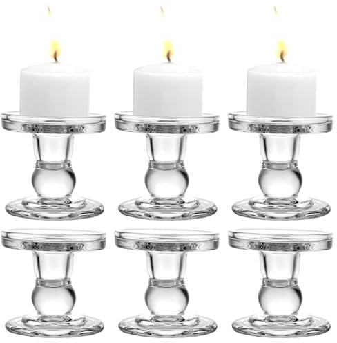 LOPYXBR 6 Stück Kerzenständer Glas (Ø8,5cm x H 8,6cm), Transparente Kristall Teelichthalter Kerzenhalter Glas, Kerzenständer Stumpenkerzen für Hochzeit, Essen, Geburtstag