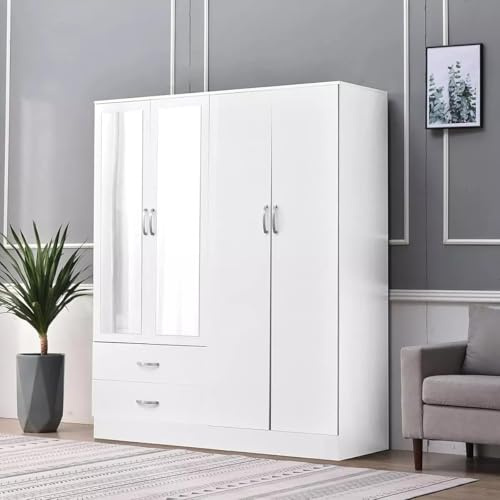 High Gloss Bedroom Furniture Set 2 Door Wardrobe 4-Drawer Chest Bedside Cabinet & 4 Piece Set Gloss Finish 3-4 Door Mirror Wardrobes Bedroom Storage (White Gloss, 4 Door Mirror Wardrobe with Draw)