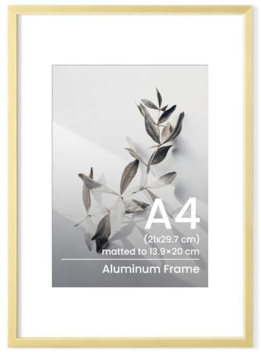 A4 Frame Gold, Metal Aluminium A4 Picture Frame, 21x29.7 cm A4 Photo Frame with Mount for A5 Prints, Certificates Documents Poster Frames with Tempered Glass for Vertical & Horizontal Wall Hanging