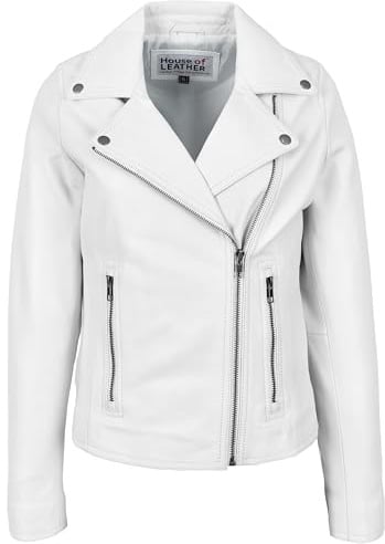 Womens Real Leather Biker Jacket Cross Zip Style Lola (UK, Numeric, 12, Regular, Regular, White)