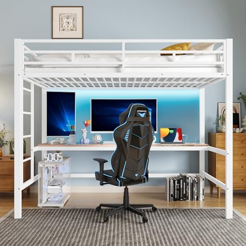 Hochbett mit Schreibtisch 90x200, Etagenbett Metallbett mit LED-Ambientelicht & USB und Steckdose, Funktionsbett Stockbett Jugendhochbett mit Lattenrost und Sicherheitsgeländer, Weiß, Ohne Matratze