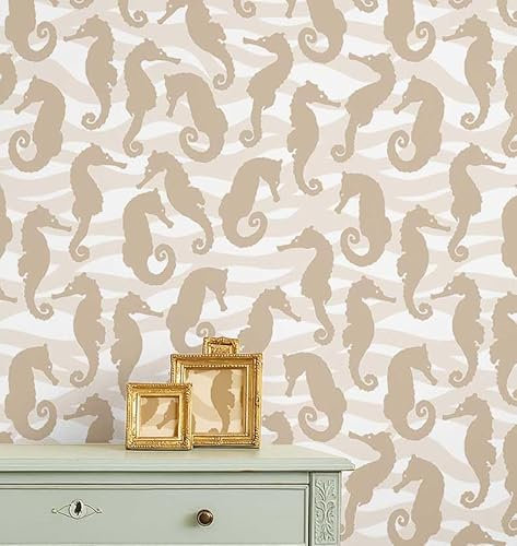 S4Sassy Revestimiento de pared autoadhesivo, con olas monocromáticas de caballitos de mar, extraíble. Mural beige texturizado para renovar paredes de baño, lavadero y armario63 x 61 cm.
