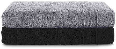 Komfortec 2er Saunatuch Set 80x200 cm aus 100% Baumwolle, XXL-Saunatücher, Sauna Handtuch, Weich, Groß, Frottee, Schnelltrocknend, Anthrazit Grau/Schwarz