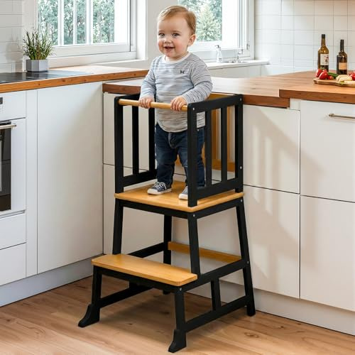 COSYLAND Toddler Standing Tower for Kitchen - Wooden Nursery Step Stool for Kids - Solid Learning Stool Kitchen Counter Helper Step Stool for Kids (Black&Natural)