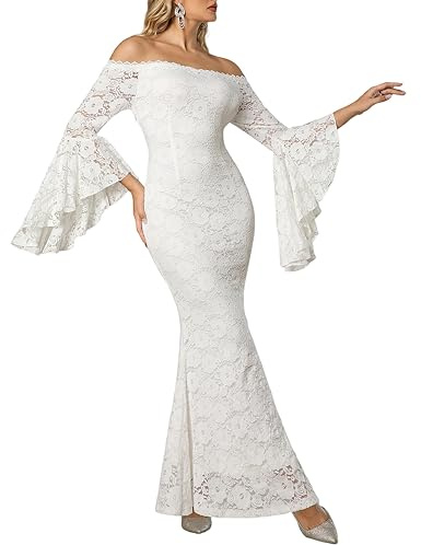 Women's Elegant Off Shoulder Floral Embroidered Lace Maxi Dress Bell Sleeve Slim Fit Mermaid Floral Cutout Long Gown Wedding Party White Long Dress