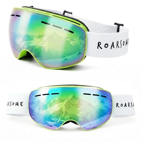 Roarsome Kids Ski Goggles – Anti-Fog UV Protection Ski Glasses with OTG Fit and Adjustable Strap for Boys and Girls - Green