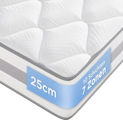 INMOKO Matratze 100x200 cm, 10 Schichten, Taschenfederkernmatratze Härtegrad H3 und H4, Höhe 25 cm, 7 Zonen Matratze