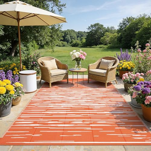SHACOS Outdoor Teppich Wetterfest Groß 270x360cm Garten Teppich UV-beständig Kunststoffteppich Reversible Camping Matte Wasserdicht Außenteppich für Pinic Patio Balkon Strand BBQ, Orange