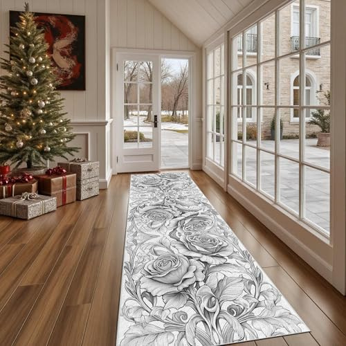 Dppyuxa Teppich Läufer Flur Barock Rose Lang Waschbar und rutschfest Skizze | Blume Küchenläufer Blumenpflanzen Blatter Flurteppich für Küche & Eingangsbereich 60x150 cm