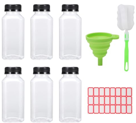 Botellas de jugo, 9 Piezas, botellas de plástico rellenables vacías, Smoothie para zumos, botellas de plástico rellenables de 250ml, Transparentes, con Tapas, Embudo, para jugo, leche, batido, beber