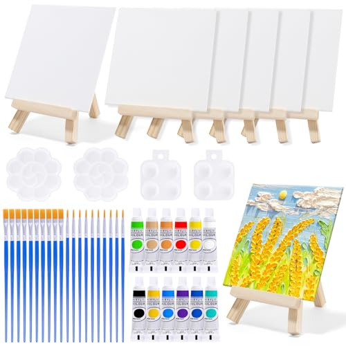 Mini Canvas and Easel Set, 51pcs Canvas Painting Canva Easel Paint Brushes | Art Set 4x4 Inches Canva, Mini Wooden Easel, 10 Paint Palettes & 12 Acrylic Paint and 20 Paint Brushes for Beginners, Adults