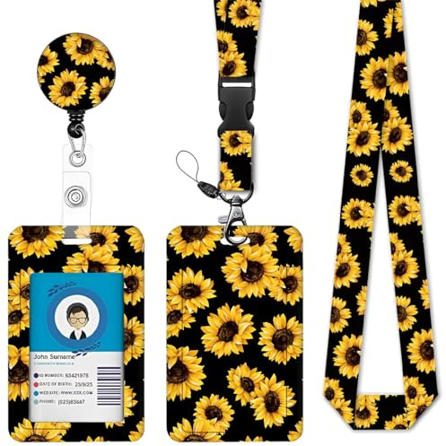 Porta Badge da Collo, Moschettone Clip e Porta Badge Identificativo con Cordino Staccabile,Floreale Portabadge Collo, Porta Badge Retrattile per Infermiere, Dottore, Insegnanti & Studenti (Girasole)