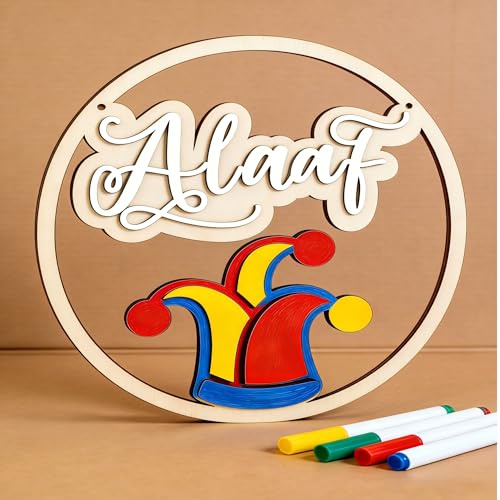 Helau Kranz Helau Loop Karneval deko Fasching Kamelle Holzschild Türkranz Karneval aus Holz als Deko zum Fasching ALAAF mit 4 Bunt beistift