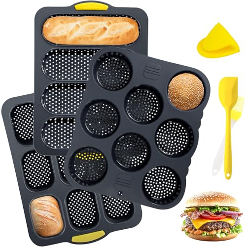 5 Piece Silicone Burger Bun Mould Set, 4, 8 and 9 Cavities | Flexible Non-Stick Silicone Supports Easy Release and Is Suitable for Kichen Baking Cake Pie French Bread