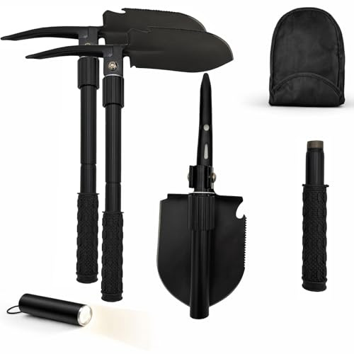 BURI 2X Klappspaten 6in1 mit Tasche & Taschenlampe – Faltbarer Campingspaten aus Edelstahl & legiertem Stahl – Multifunktions Spaten mit Säge Hacke Messer – Survival Outdoor Camping Werkzeug