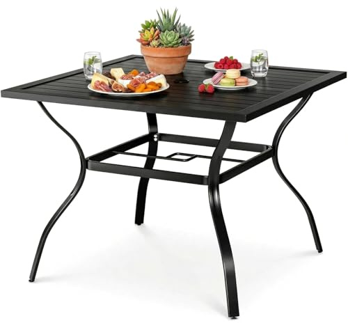 Clevich Garden Table with Parasol Hole 94 x 94cm for 4 People, Outdoor Patio Table with Rustproof Steel Frame, Slatted Tabletop & Non-slip Foot Pads, Square Dining Table for Backyard/Patio/Terrace