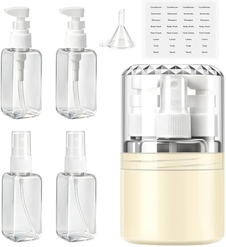 LIAJIA 4-in-1 Reiseflaschen Zum Befüllen Set Flaschen für Shampoo Reise Gadgets Flugzeug 50ml Pumpspender Klein Mit Etikettenaufklebern Travel Essentials Reiseset Stabil Wasserdicht