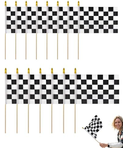TOZBLEU 15 Pack Drapeaux de Course à Damier Noir et Blanc avec Manche en Bois,Pouces Mini Fanions en Polyester pour Ligne d'Arrivée, Décoration de Fête Thème,Drapeau Course et Drapeau Personnalisable