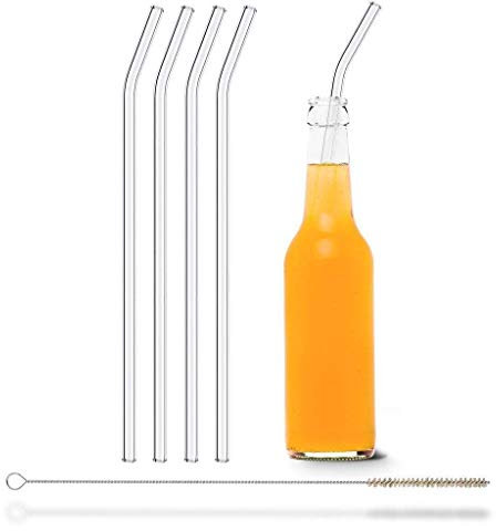 Halm Lot de 4 pailles en verre réutilisables, courbées de 30 cm, avec brosse de nettoyage sans plastique, passent au lave-vaisselle, durables, pour gourdes, bouteilles de limonade, pailles en verre