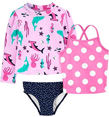 Simple Joys by Carter's 3-Piece Assorted Rashguard Sets Juego de protección de Sarpullido, Azul Marino Lunares/Rosa Topos/Vida Marina, 18 Meses para Bebés