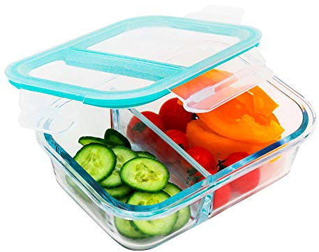 Steuber 2 Stück Glas Frischhaltedose mit Fächern 570 ml, rechteckige Aufbewahrungsdose, Brotzeitbox mit Klick-Verschluss, Pausenbox, Glas bis 400°C