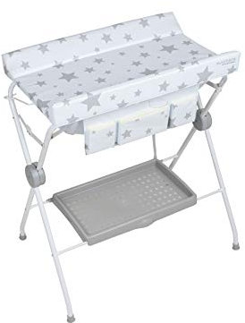 PLASTIMYR - Bañera Cambiador Bebé Extraíble | Sistema Antivuelco y Acolchado | Incluye Chasis Plegable y Bandeja Portaobjetos | 6 Ruedas con Freno, Flexible Flow Estrellas Gris, 1 Unidad, Plástico