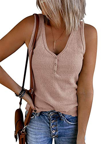 Saodimallsu débardeur Henley côtelé sans Manches à col V pour Femme | Débardeur Henley côtelé sans manches à col V pour femme
