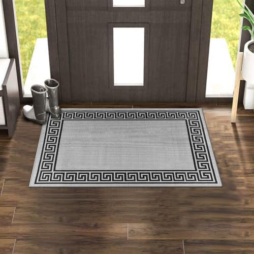 renoazul® Non-Slip Washable Large Entrance Doormat | 66 x 120 cm Outdoor and Indoor Dog Muddy Paws Floor Protector, Hallway, Bath and Kitchen Anti-Slip Mats - Greeky Rug - Grey & Black