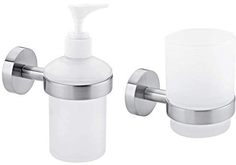 tesa® Moon Seifenspender + tesa® Moon Zahnbürstenhalter, Edelstahloptik, satiniertes Glas, inkl. Klebelösung, hohe Haltekraft, garantiert rostfrei