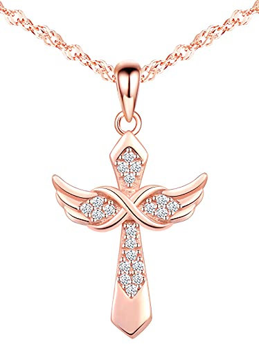 MicLee Necklace pendant for women, 925 sterling silver necklace, Cross necklace pendant, with wing and infinity symbol, Inlaid zircon, women's girl's jewelry, rose gold