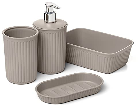 Tatay Ensemble 4 pièces pour comptoir de Salle de Bain (gobelet + Distributeur + Porte-Savon + Organisateur A6) Baobab, Plastique, sans BPA, Taupe