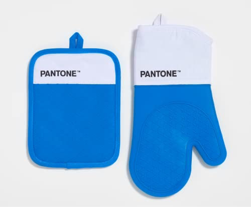 Pantone - Set da Cucina Composto da Guanto da Forno + Presina, in Cotone con Grip Antiscivolo in Silicone - Utili Accessori Cucina Resistenti al Calore fino a 250°C - Bianco/Blu