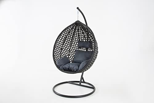 The Onyx Black Hanging Swing Pod Egg Chair - Large with deep Grey Cushions